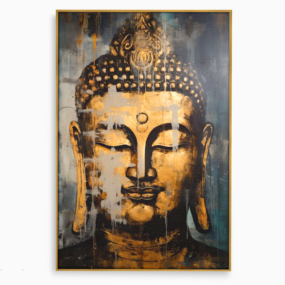 Tablou canvas cu tablou canvas cu chipul lui buddha, in rama de aluminiu auriu
